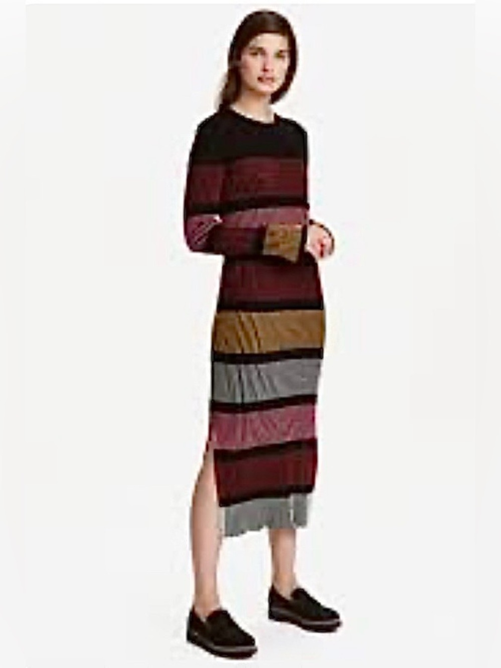 H&M Striped Midi Sweater Dress in Burgundy, Mustard & Gray
